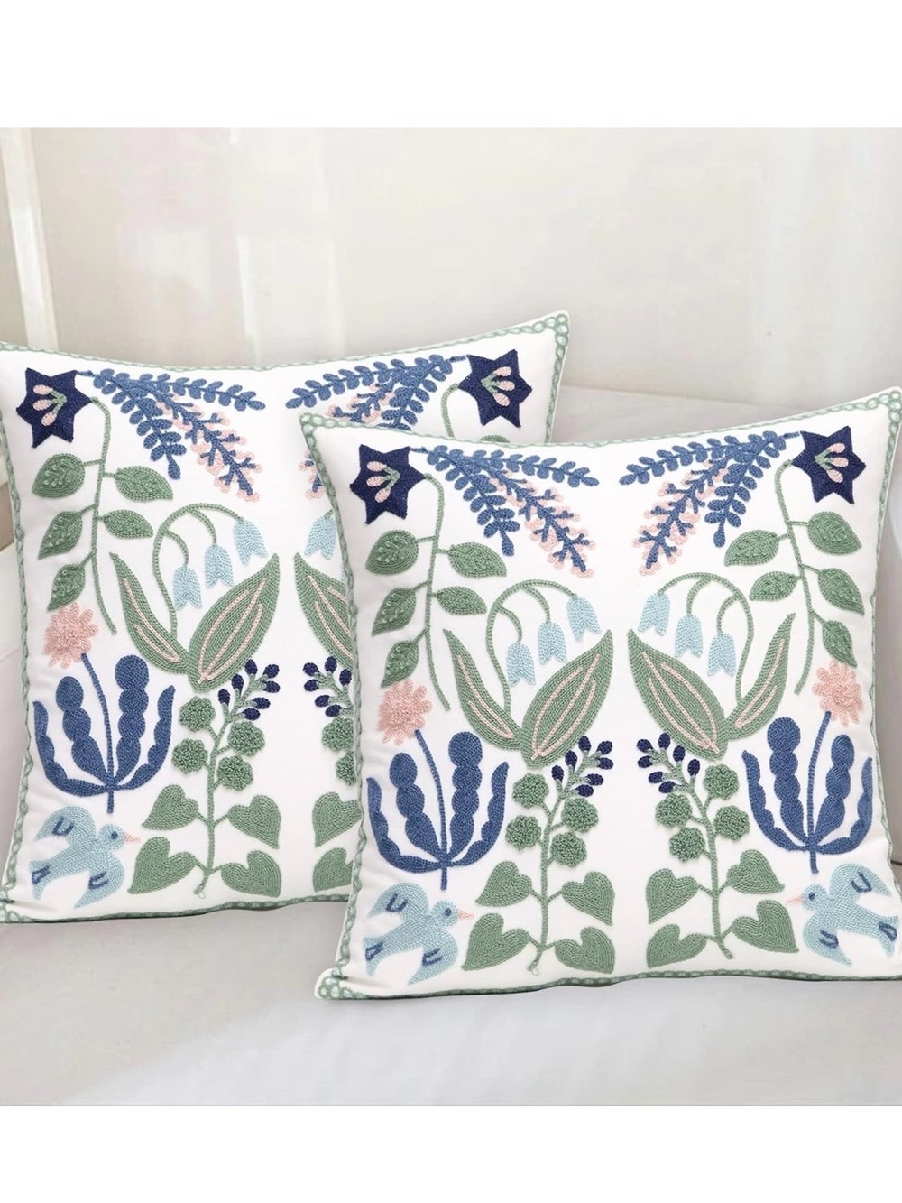 NWOT! Floral Embroidered Decorative Throw Pillow Covers,18x18,SET/2, Blue/Green